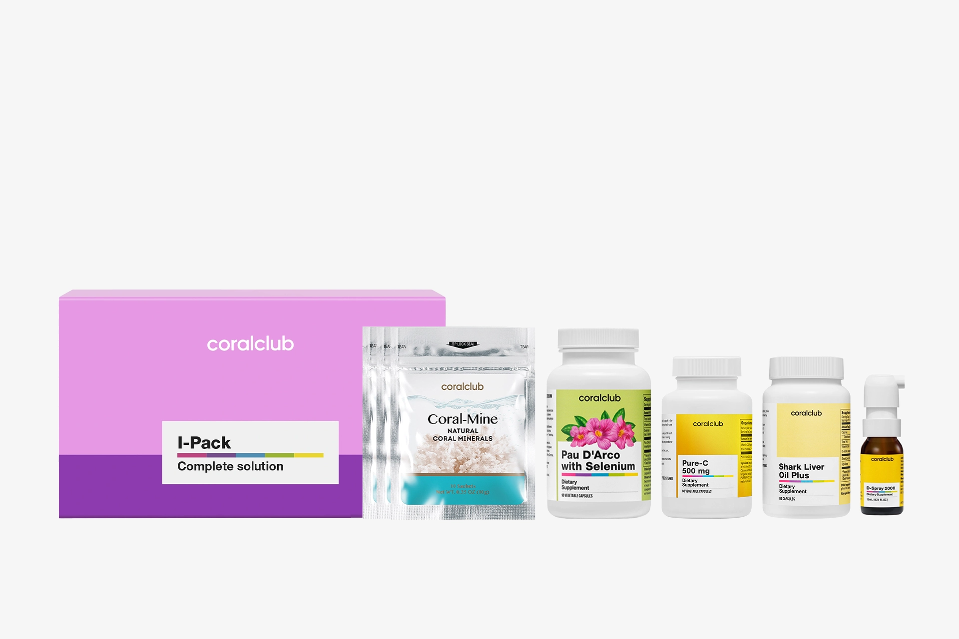 Продукты из программы I-Pack, выстроенные в ряд для системной заботы о внутренней среде