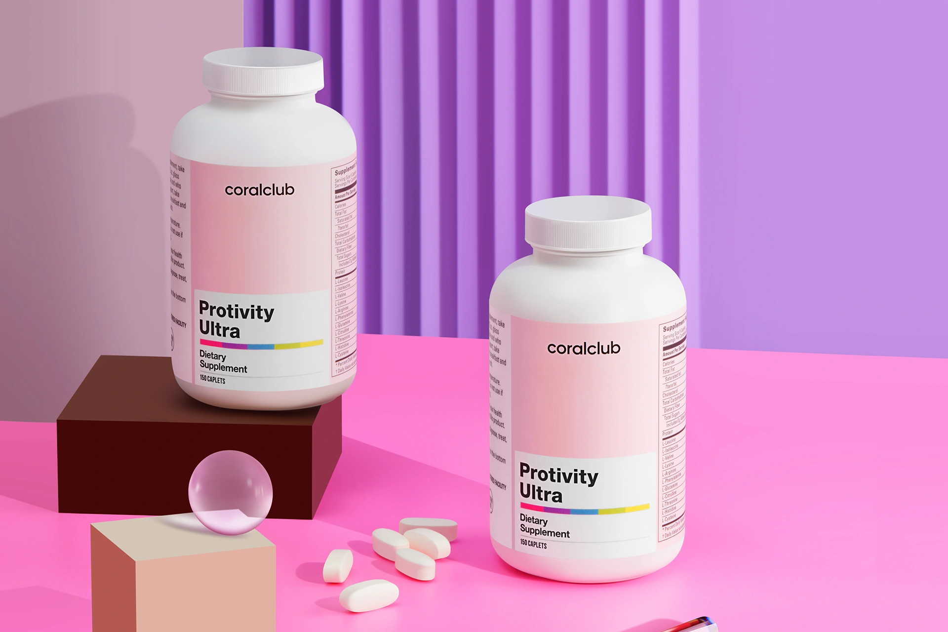 Удобный формат таблеток Protivity Ultra на фоне свежих ингредиентов для здорового рациона